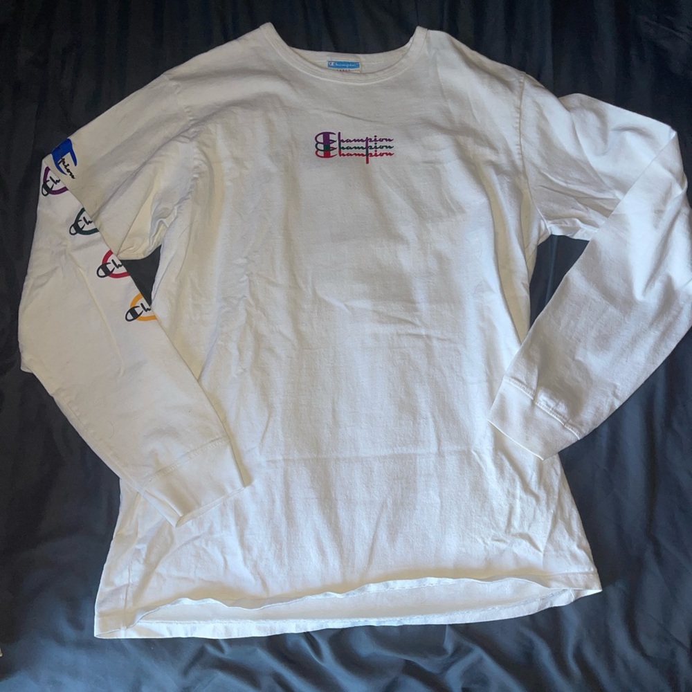 Champion White Long Sleeve with Multicolor Sleeve Logos